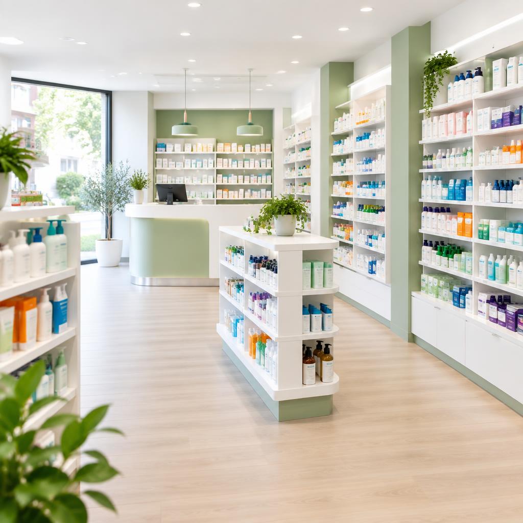 Intérieur lumineux de la Pharmacie Boumaraf